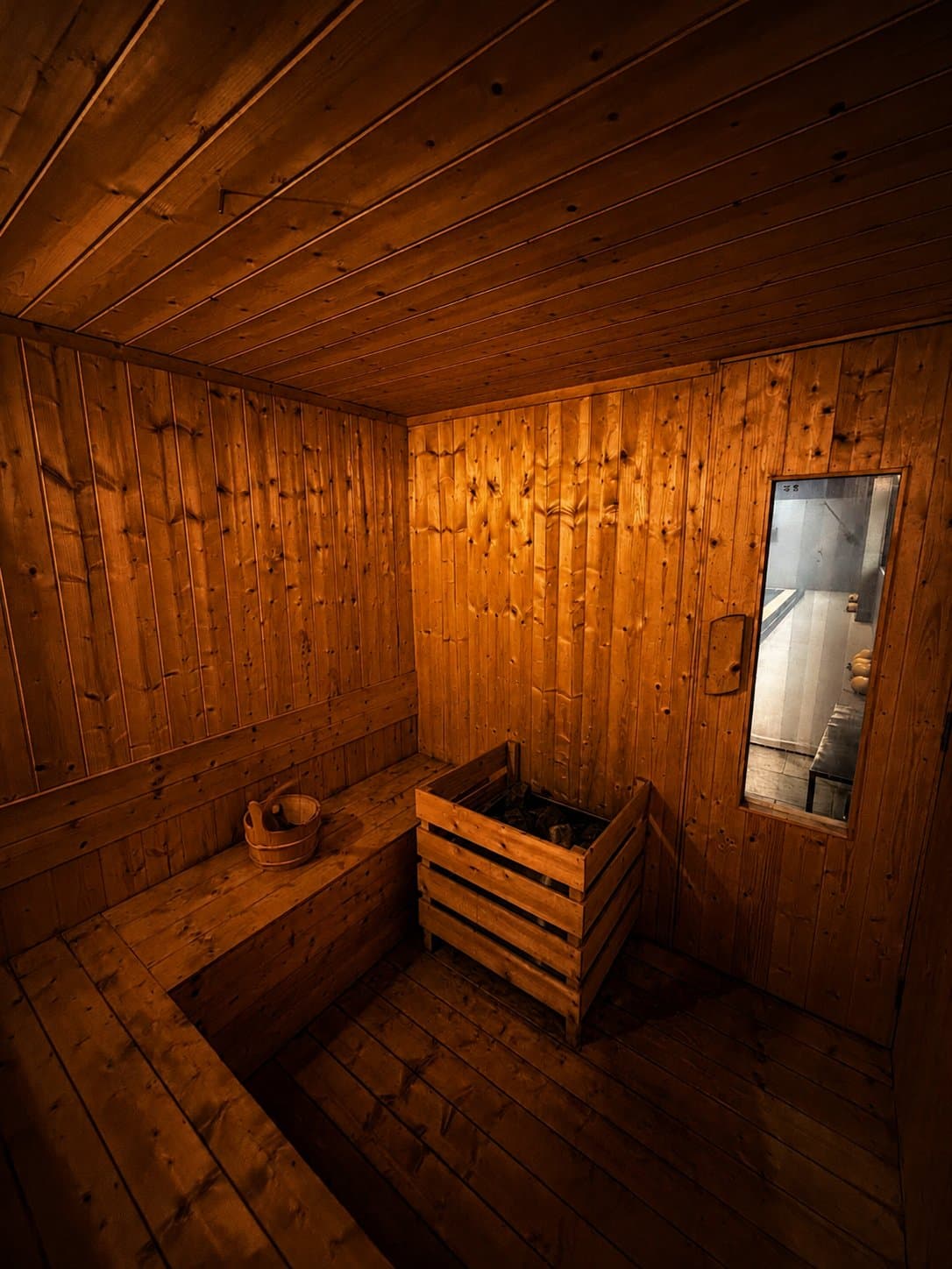 The sauna at Sparta Life, wood-panelled and empty